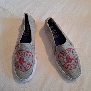 Boston Red Sox women's size 7.5 slip on Keds, gray with red printing, VGUC